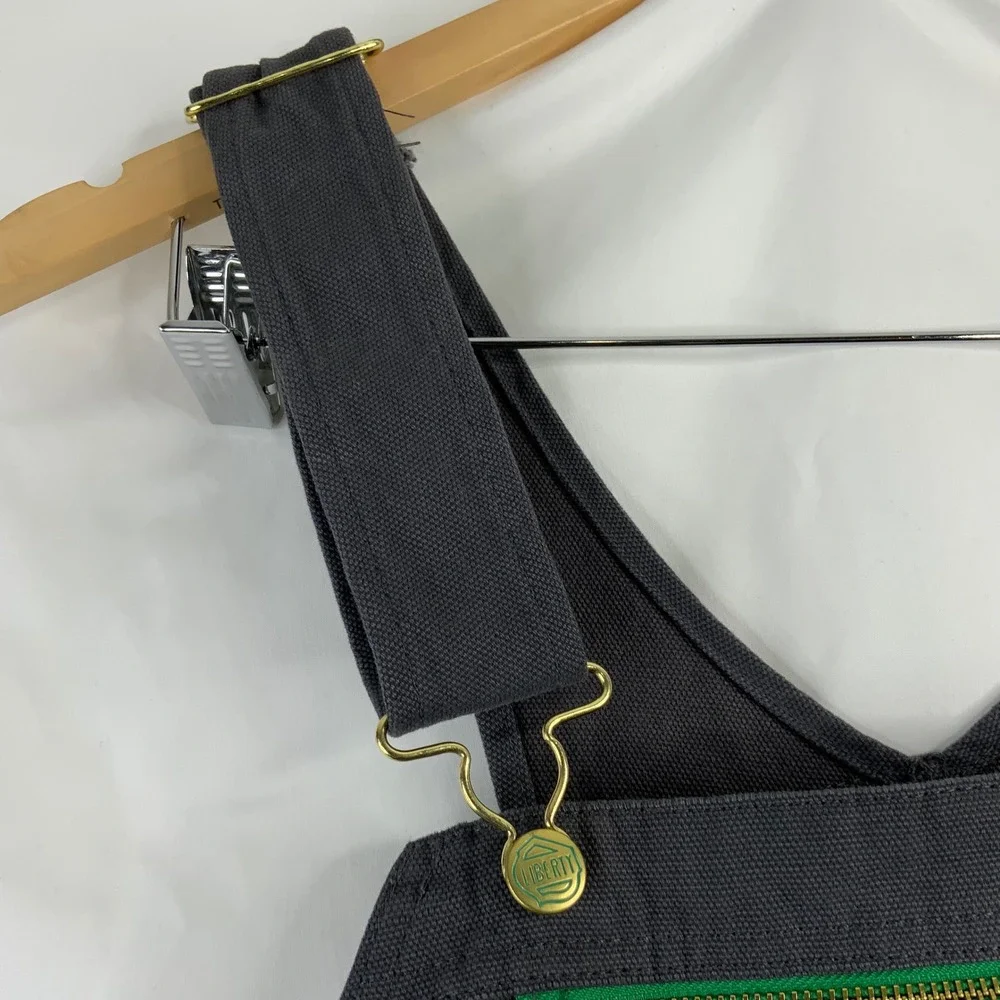 Liberty Overalls Men Charcoal Gray Canvas Bib Workwear Carpenter Pants Green Zip